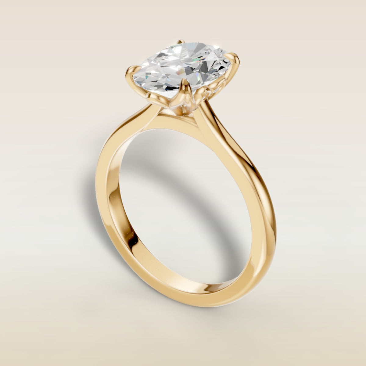 Oval Four Petal Diamond Tulip engagement ring in yellow gold, back angle