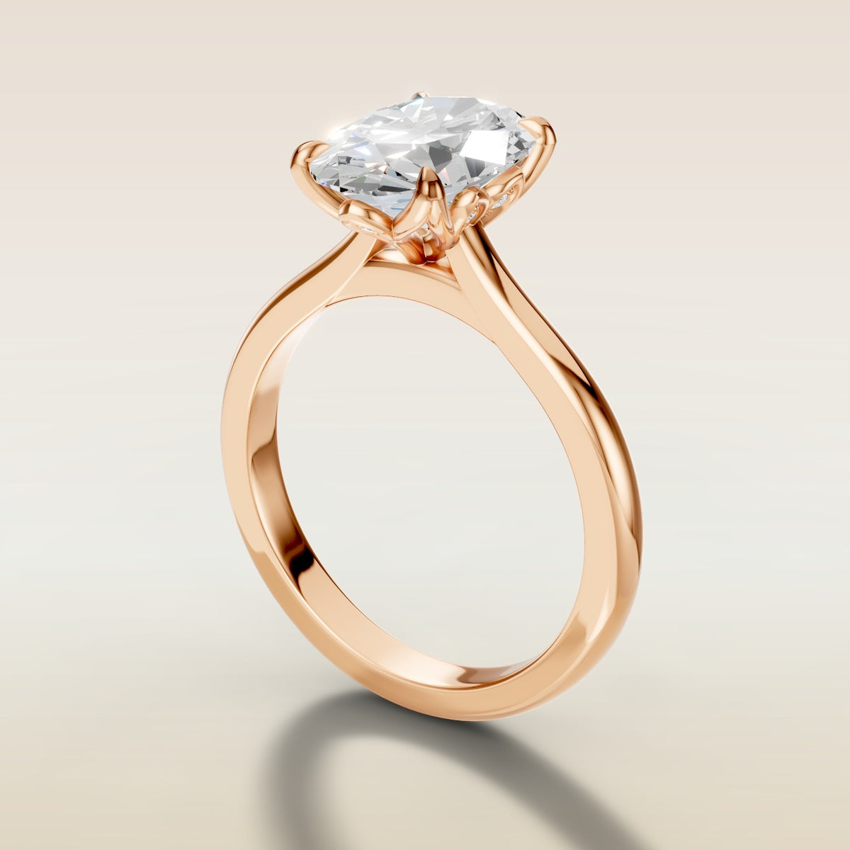 Oval Four Petal Diamond Tulip engagement ring in rose gold, angled side view
