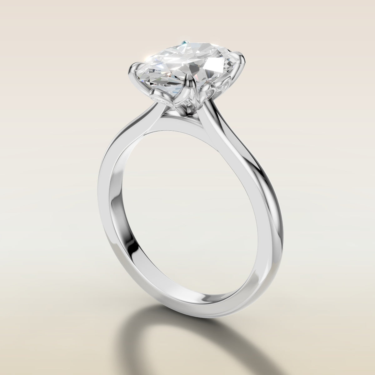 Oval Four Petal Diamond Tulip engagement ring in white gold, angled side view