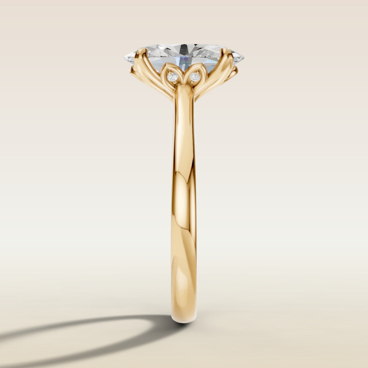 Oval Four Petal Diamond Tulip engagement ring in yellow gold, side profile
