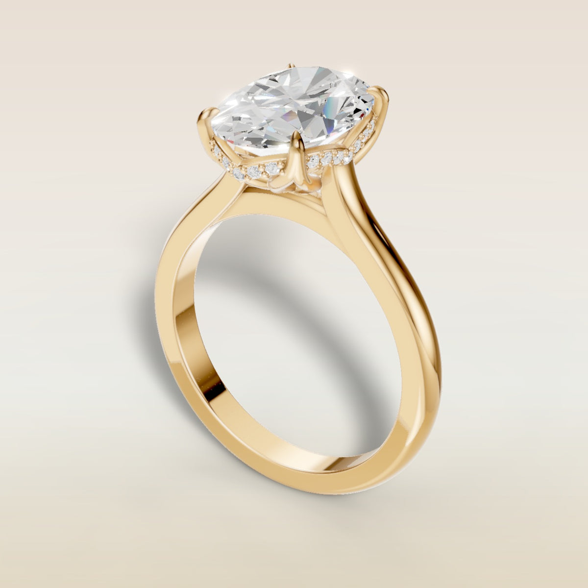Oval Four Petal Tulip Curved Hidden Halo engagement ring in yellow gold, back angle