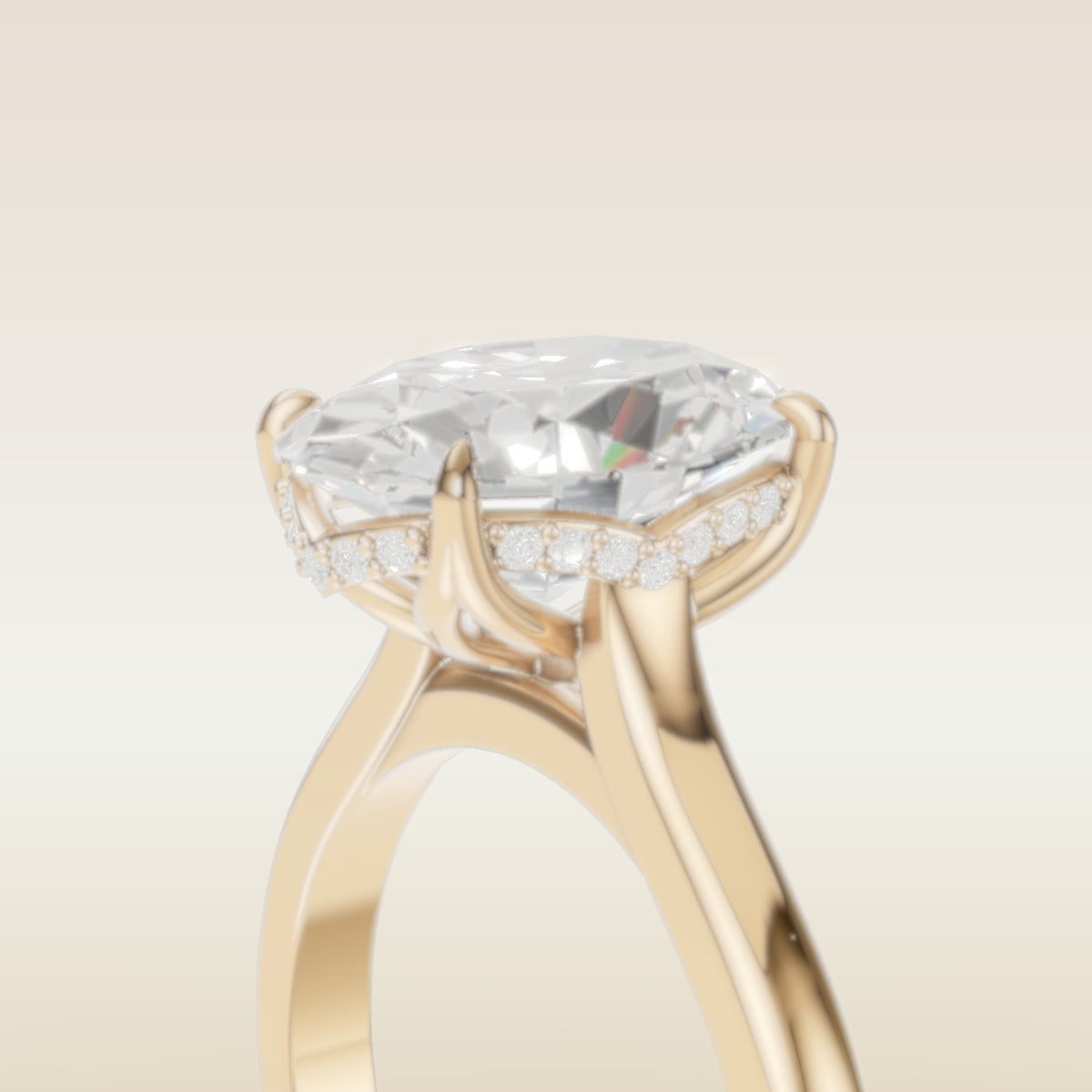 Oval Four Petal Tulip Curved Hidden Halo engagement ring in yellow gold, basket close up
