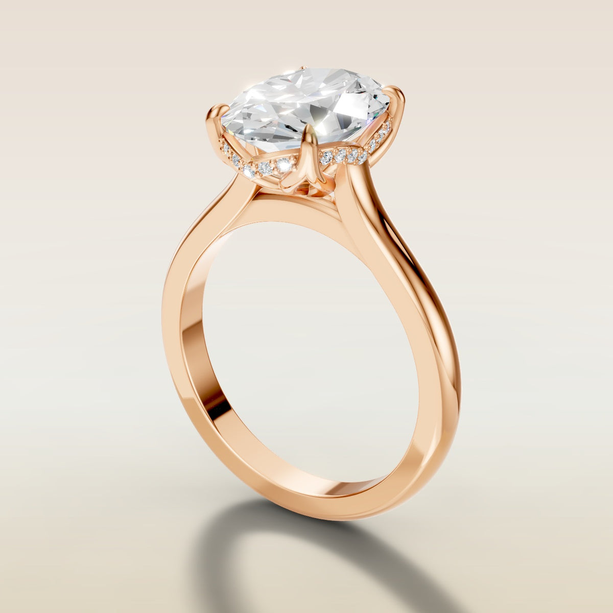Oval Four Petal Tulip Curved Hidden Halo engagement ring in rose gold, angled side view