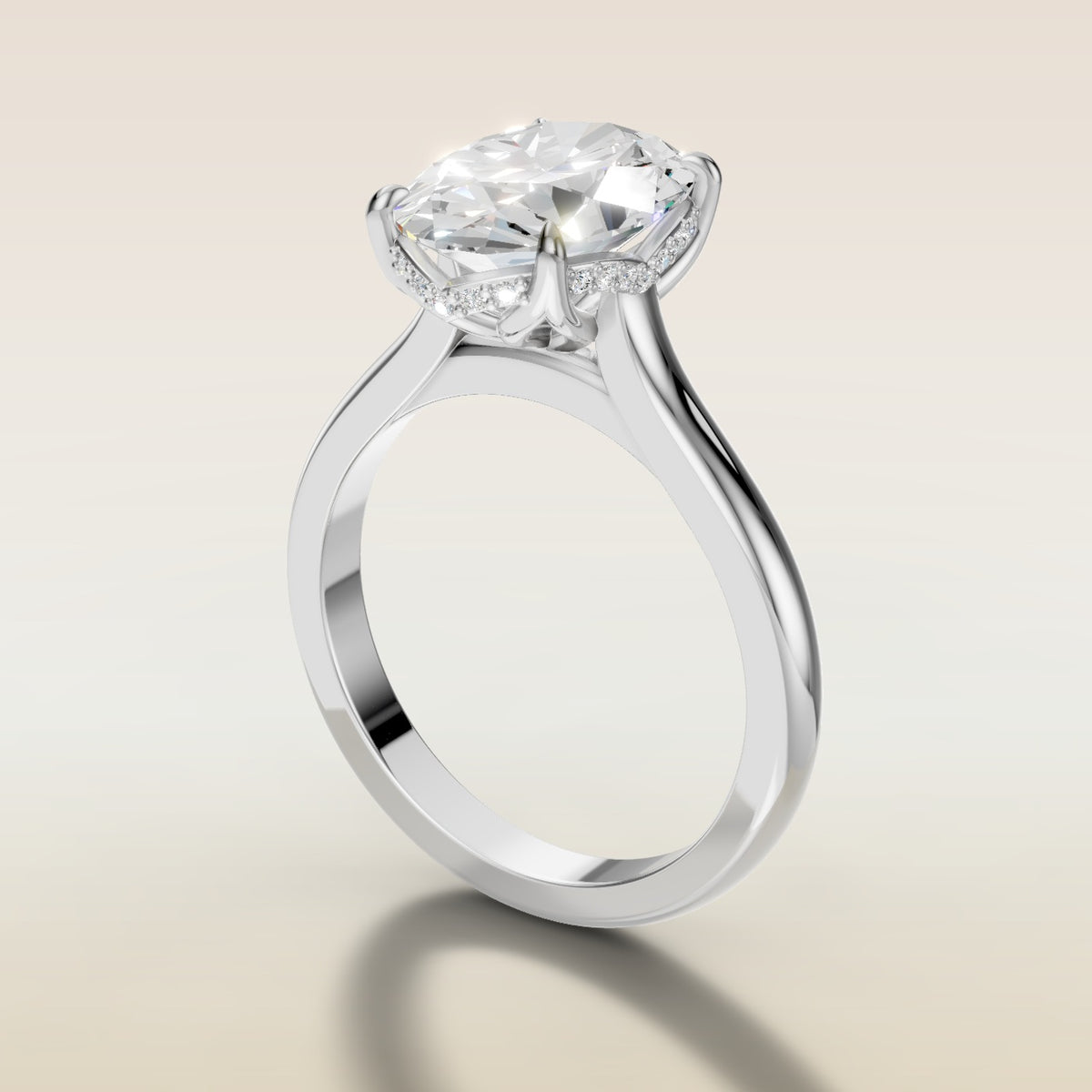 Oval Four Petal Tulip Curved Hidden Halo engagement ring in white gold, angled side view