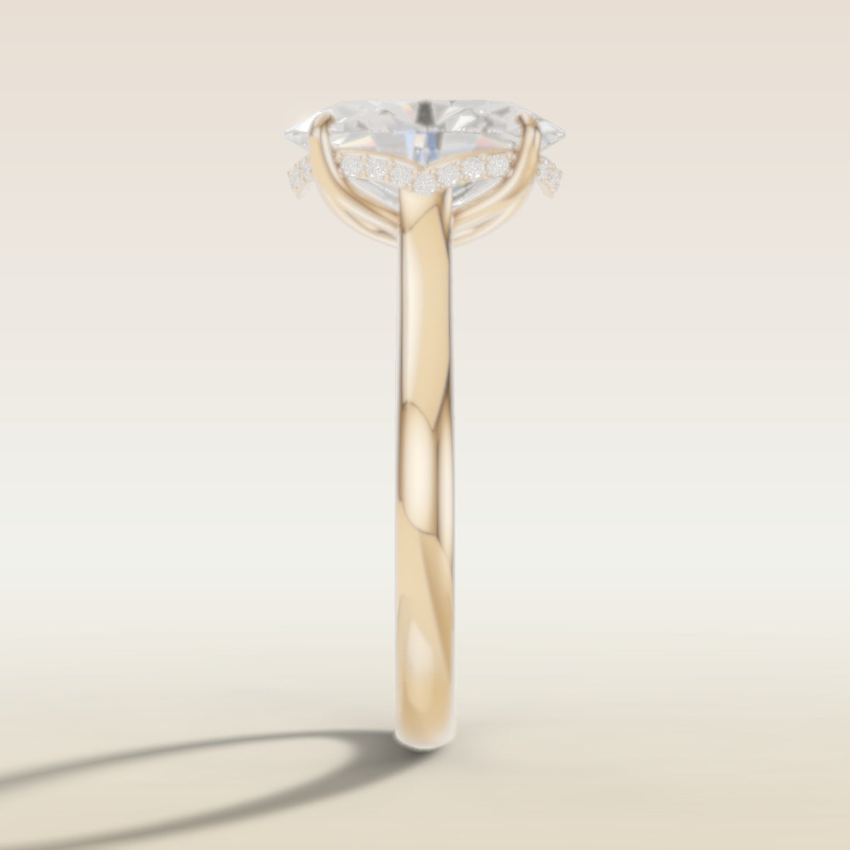 Oval Four Petal Tulip Curved Hidden Halo engagement ring in yellow gold, side profile