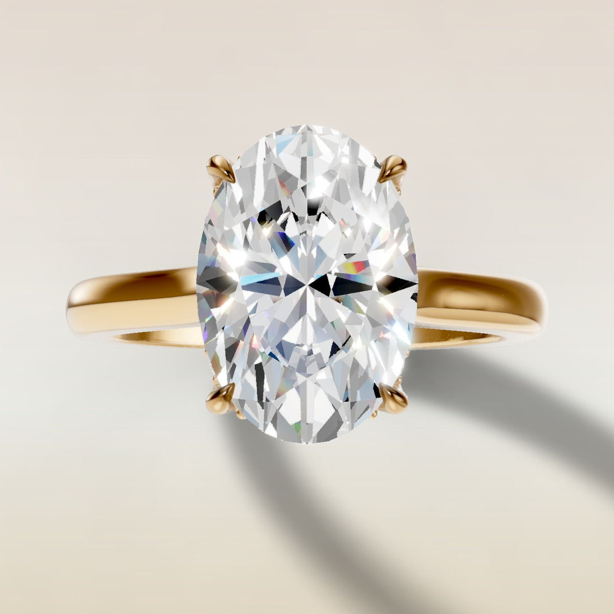 Oval Four Petal Tulip Curved Hidden Halo engagement ring in yellow gold, top view