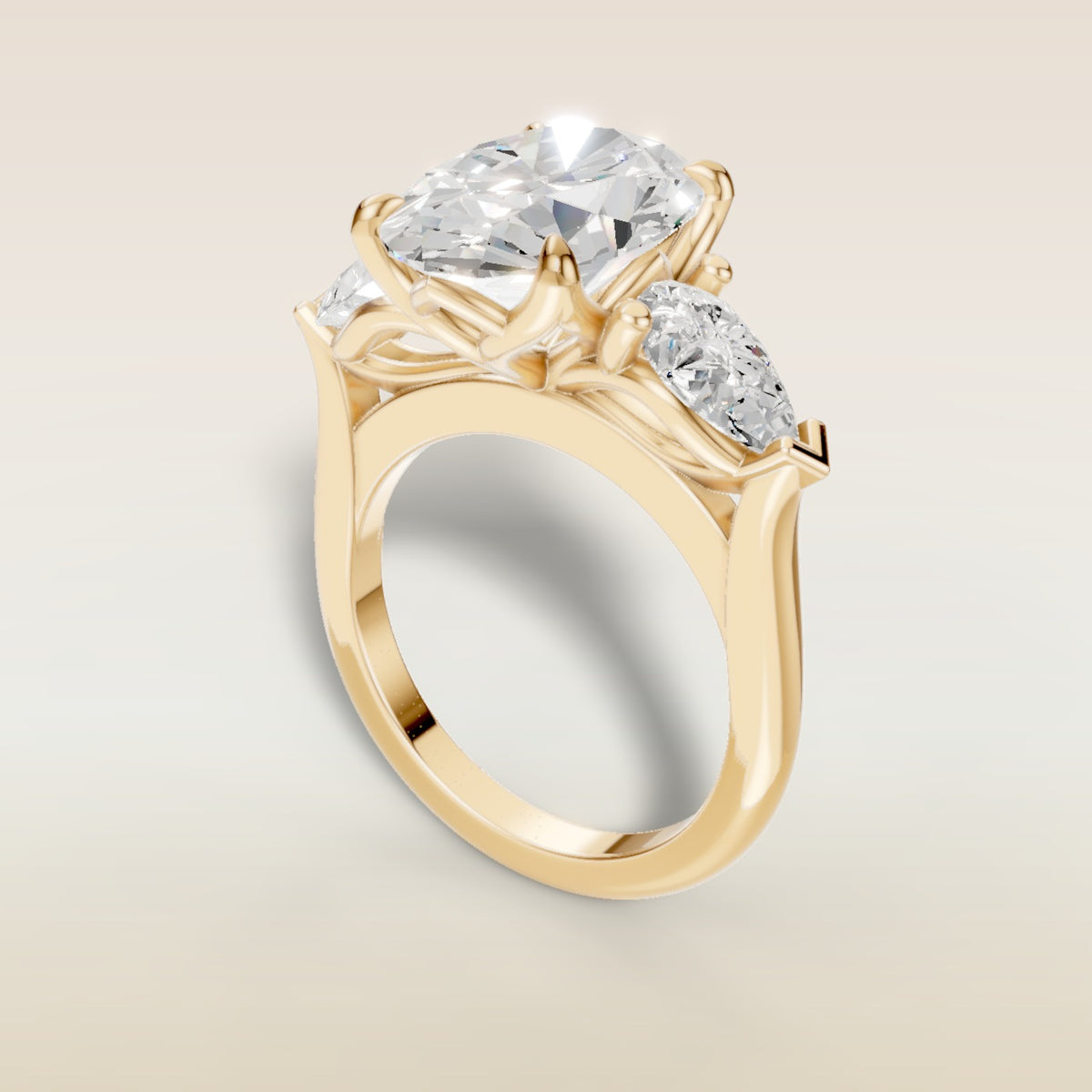 Oval Four Petal Tulip Three Stone engagement ring in yellow gold, back angle