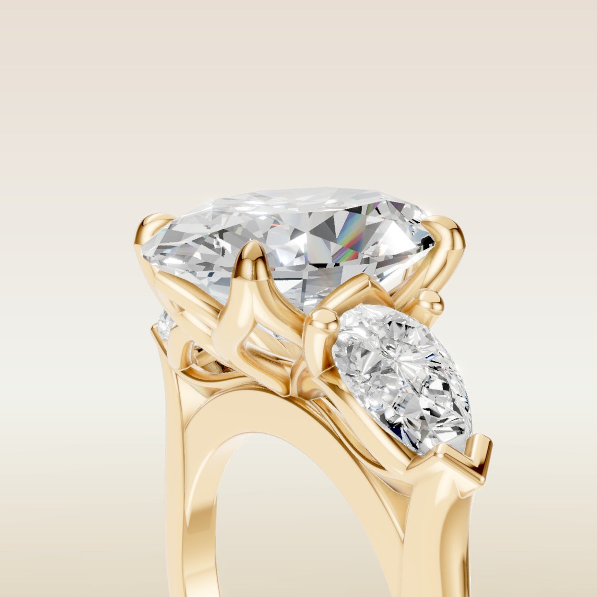Oval Four Petal Tulip Three Stone engagement ring in yellow gold, basket close up