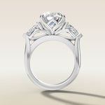 Oval Four Petal Tulip Three Stone engagement ring in white gold, front view