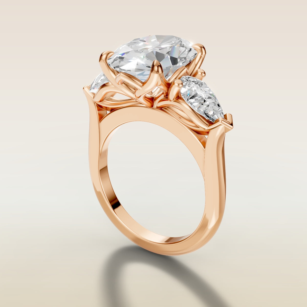 Oval Four Petal Tulip Three Stone engagement ring in rose gold, angled side view