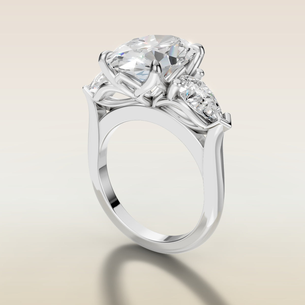 Oval Four Petal Tulip Three Stone engagement ring in white gold, angled side view