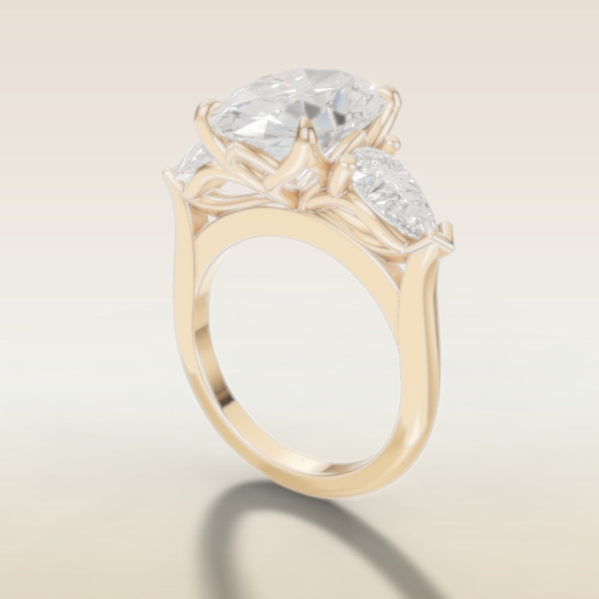 Oval Four Petal Tulip Three Stone engagement ring in yellow gold, angled side view