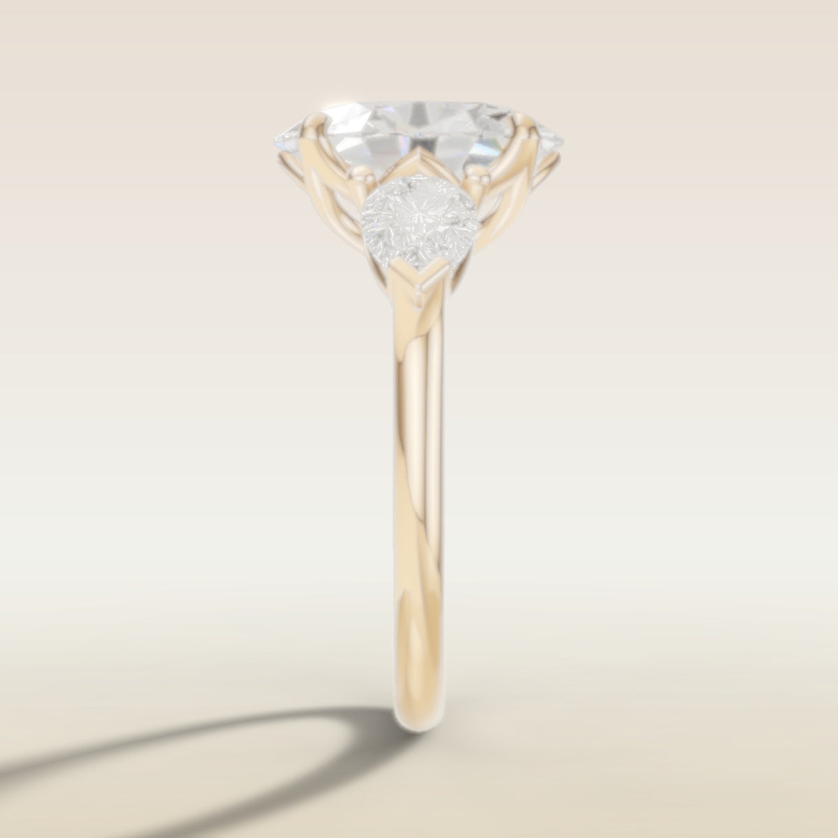 Oval Four Petal Tulip Three Stone engagement ring in yellow gold, side profile