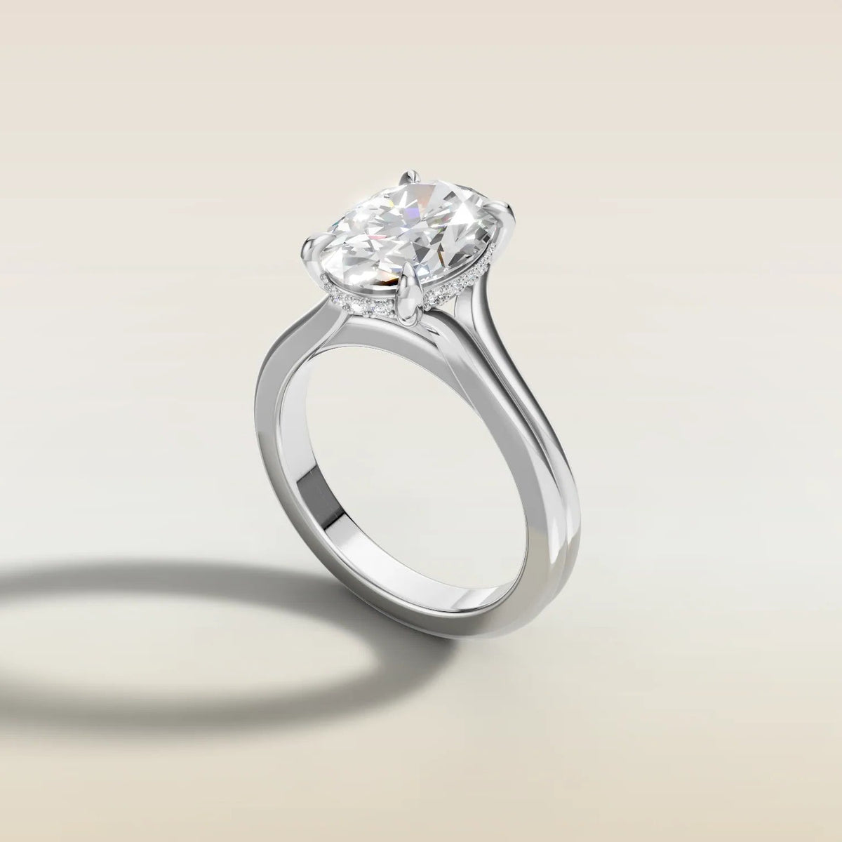 Oval Hidden Halo Double Band engagement ring in white gold, angled side view