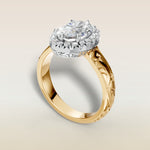 Oval Outer Halo Vintage Engraved engagement ring in gold, back angle