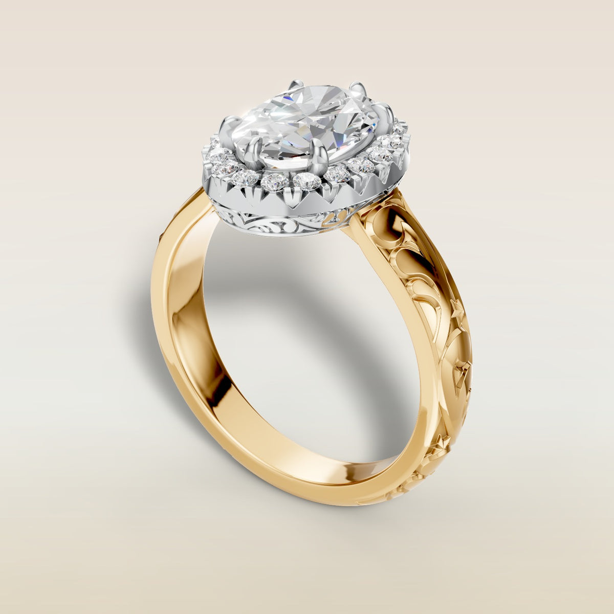 Oval Outer Halo Vintage Engraved engagement ring in gold, back angle