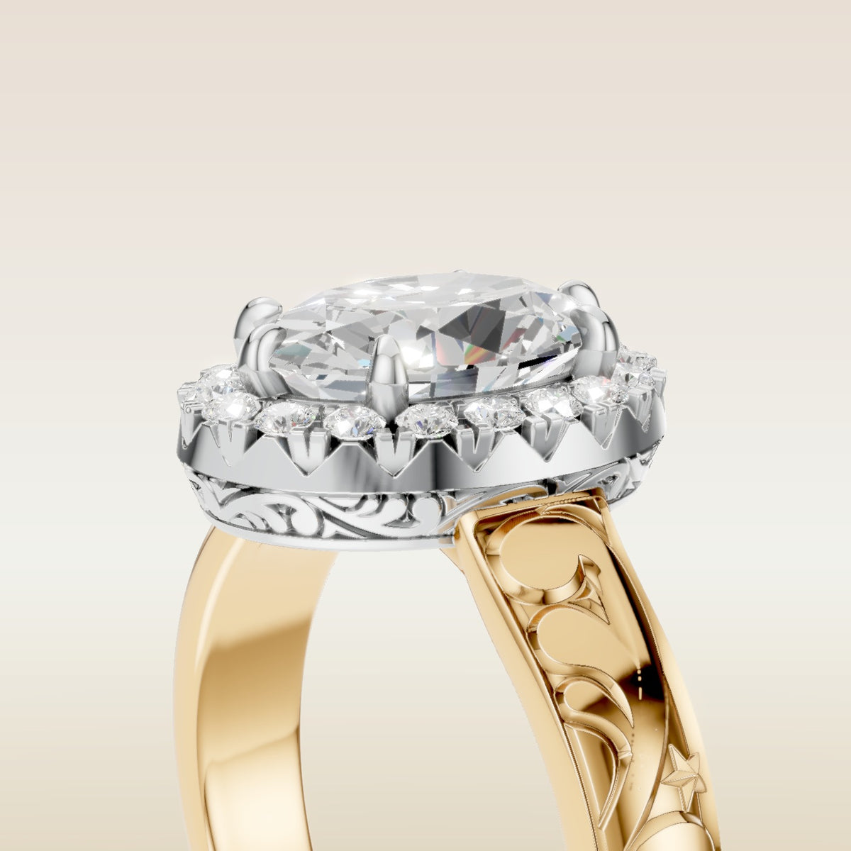 Oval Outer Halo Vintage Engraved engagement ring in gold, basket close up