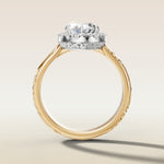 Oval Outer Halo Vintage Engraved engagement ring in gold, front view