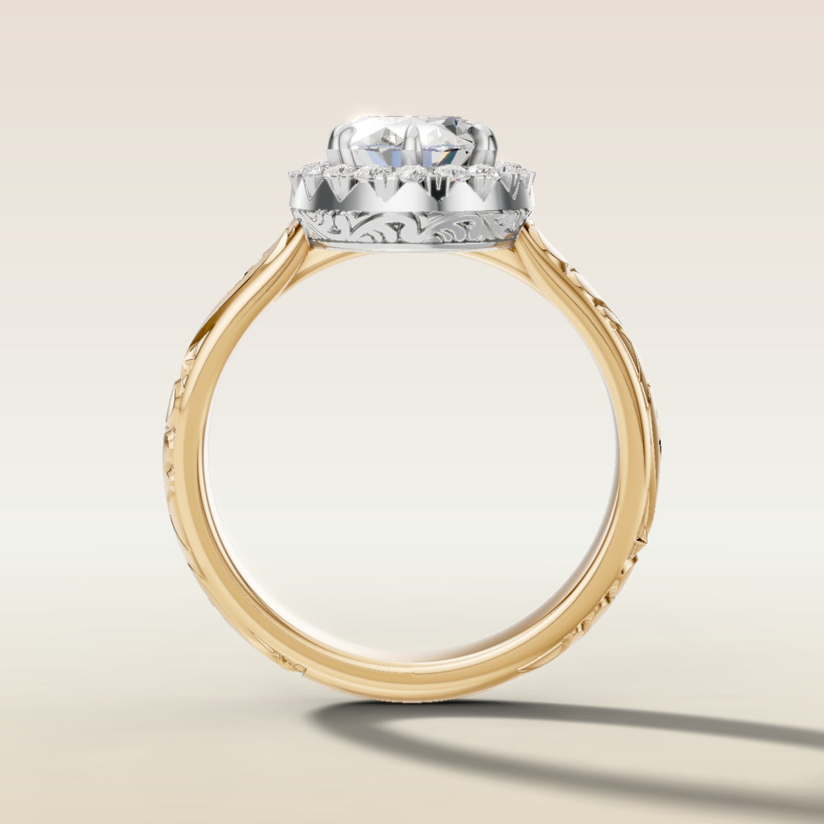 Oval Outer Halo Vintage Engraved engagement ring in gold, front view