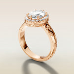 Oval Outer Halo Vintage Engraved engagement ring in rose gold, angled side view