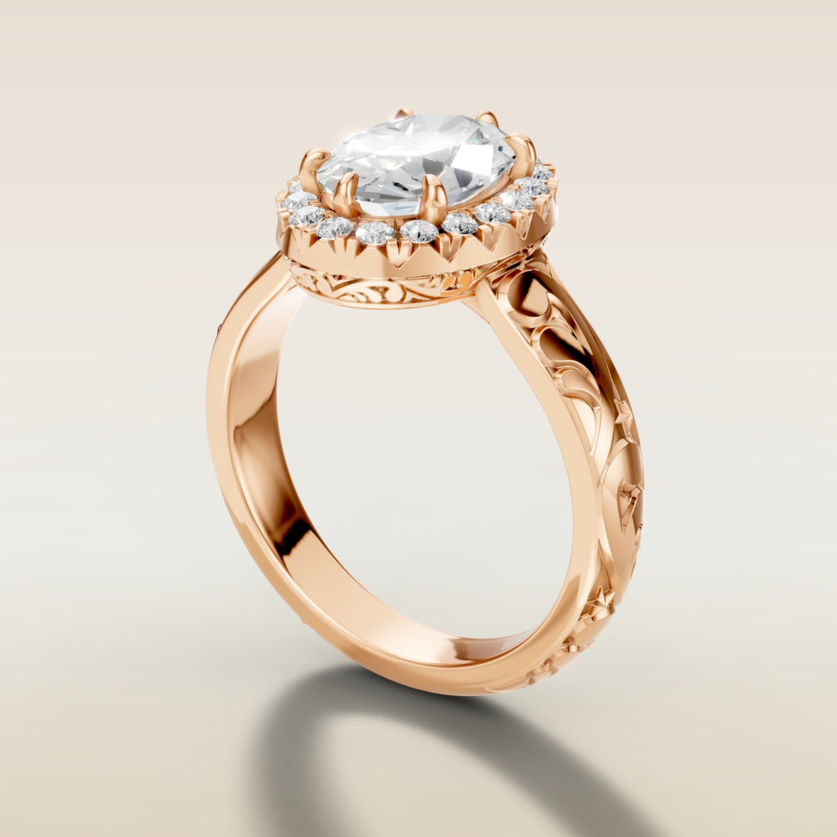Oval Outer Halo Vintage Engraved engagement ring in rose gold, angled side view