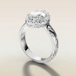 Oval Outer Halo Vintage Engraved engagement ring in white gold, angled side view