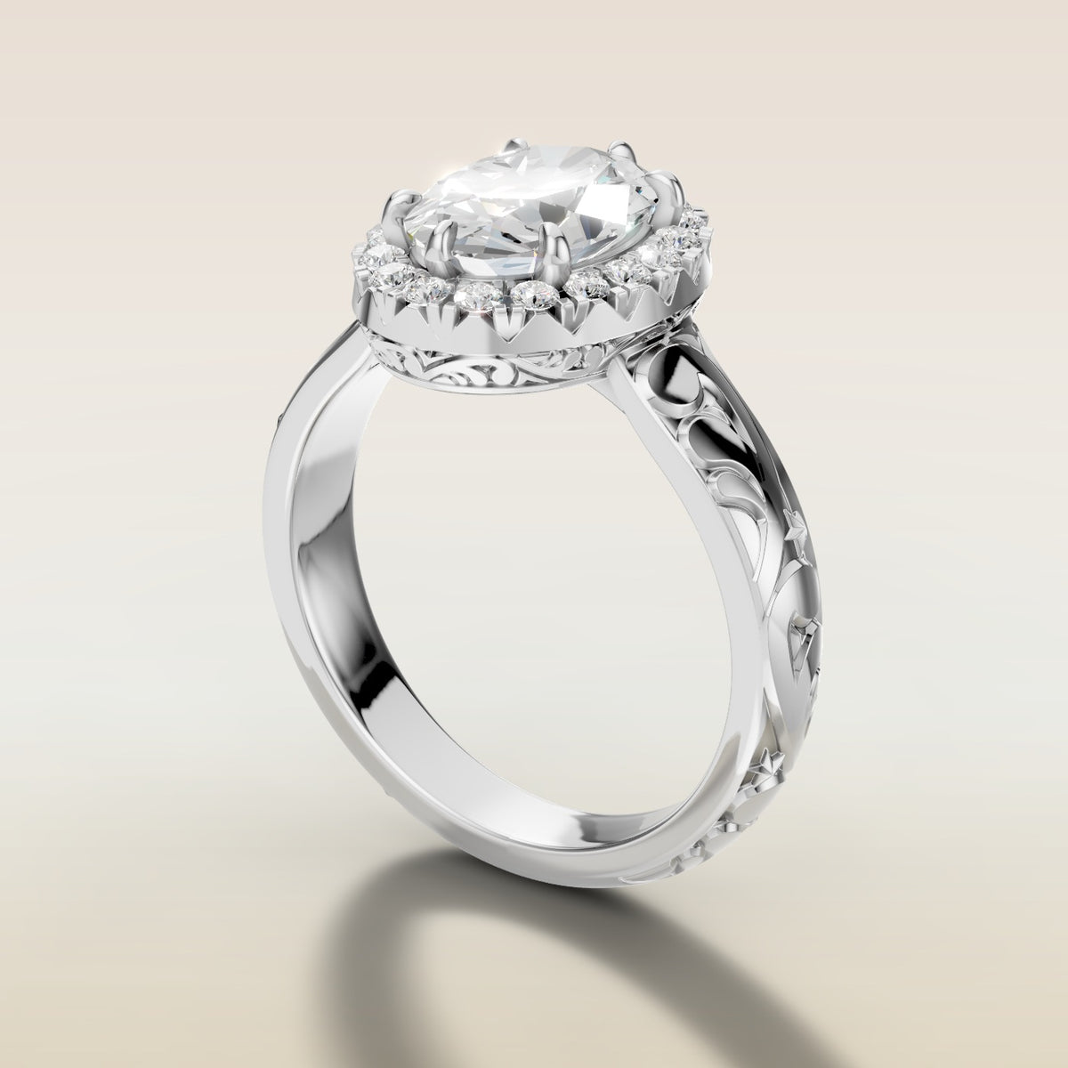 Oval Outer Halo Vintage Engraved engagement ring in white gold, angled side view