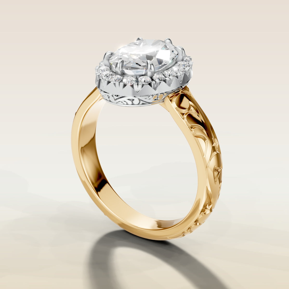 Oval Outer Halo Vintage Engraved engagement ring in gold, angled side view