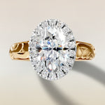 Oval Outer Halo Vintage Engraved engagement ring in gold, top view