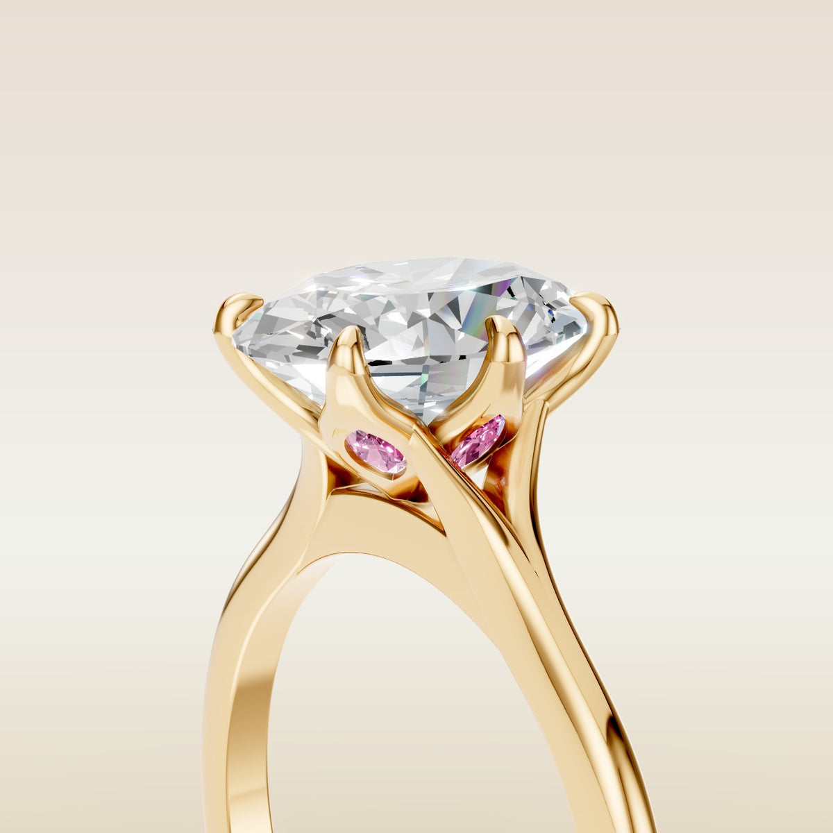 Oval Six Petal Diamond Tulip Split Shank engagement ring in gold, basket close up