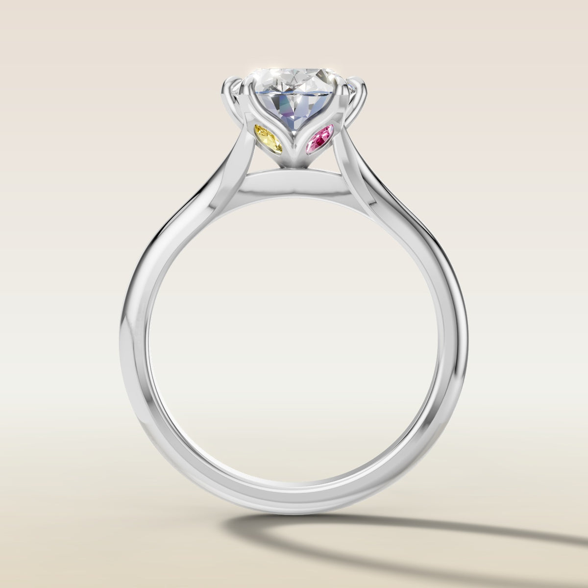 Oval Six Petal Diamond Tulip Split Shank engagement ring in white gold, front view