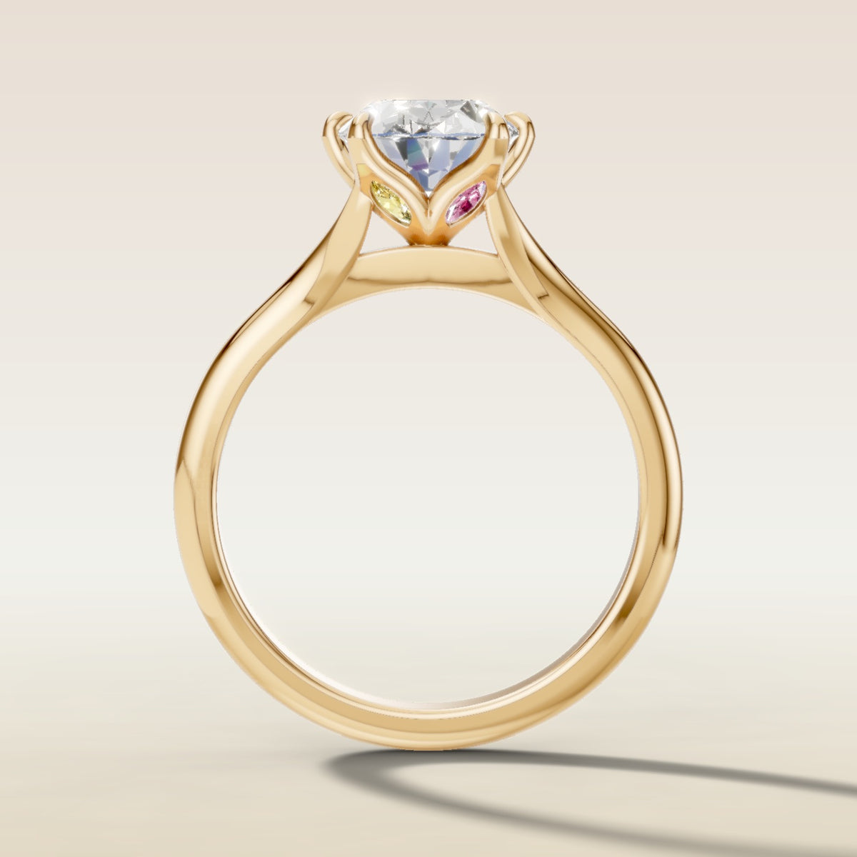 Oval Six Petal Diamond Tulip Split Shank engagement ring in gold, front view