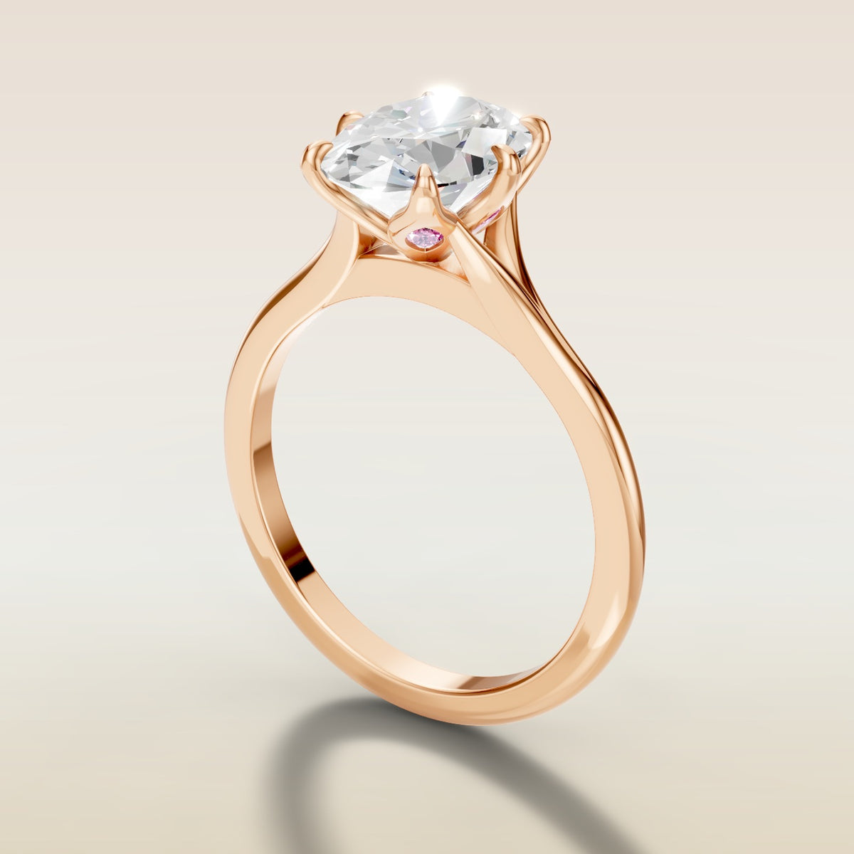 Oval Six Petal Diamond Tulip Split Shank engagement ring in rose gold, angled side view