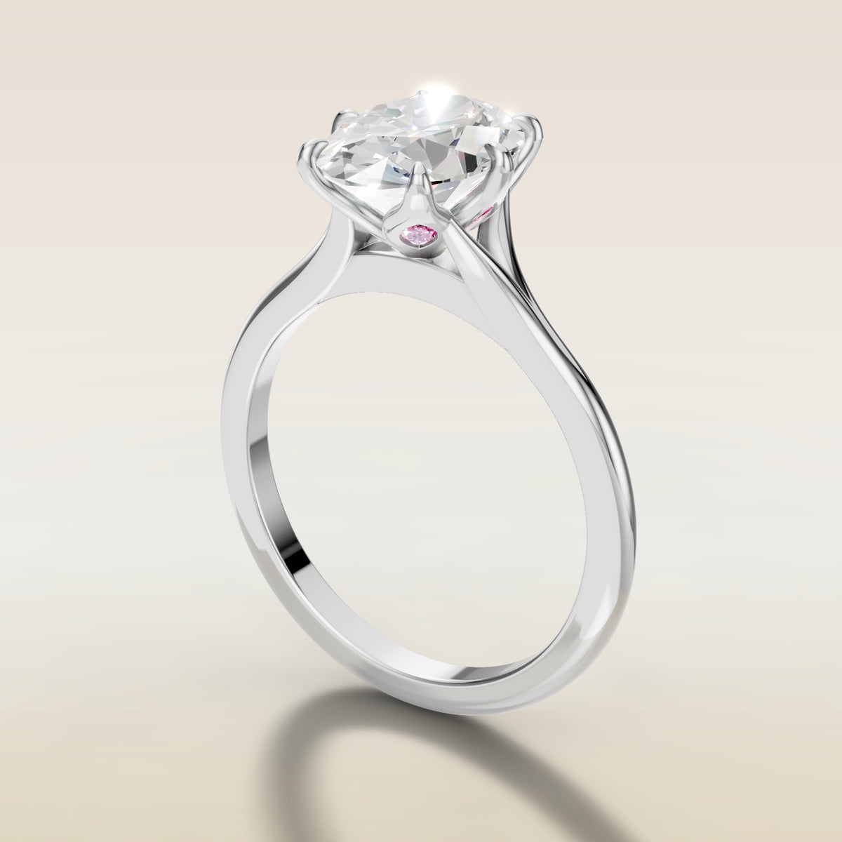 Oval Six Petal Diamond Tulip Split Shank engagement ring in white gold, angled side view