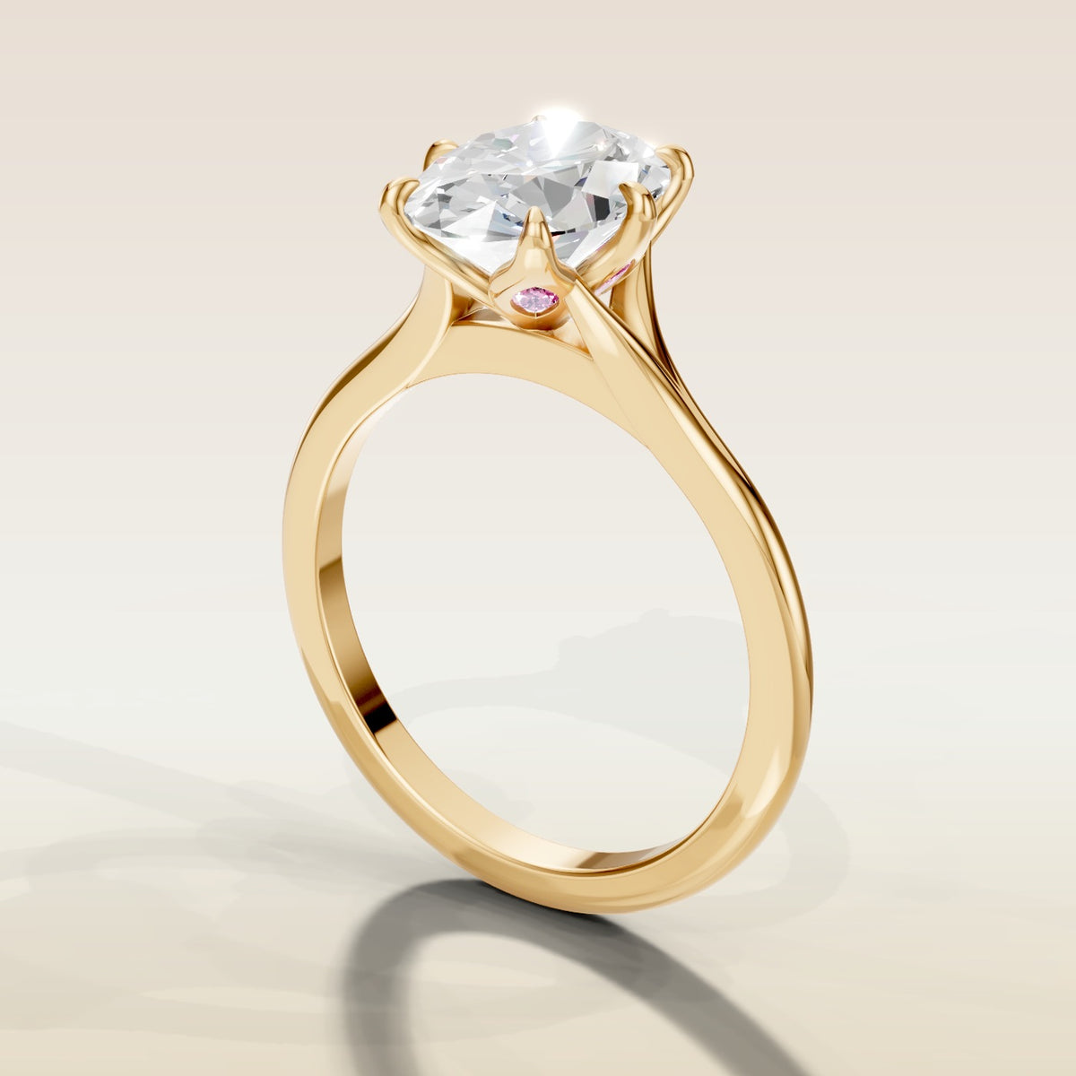 Oval Six Petal Diamond Tulip Split Shank engagement ring in gold, angled side view