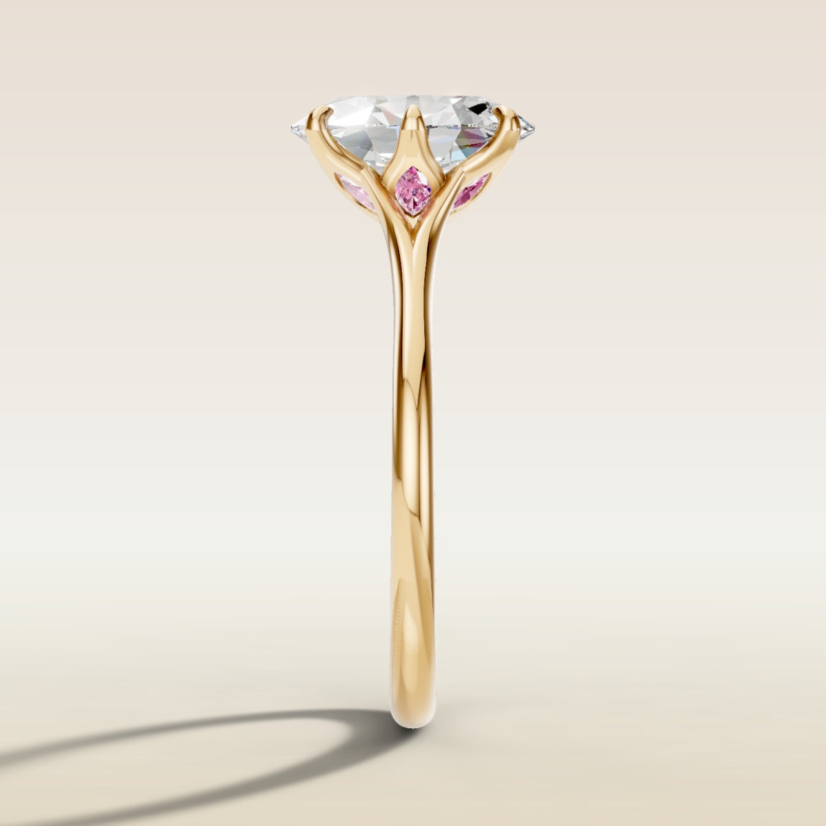 Oval Six Petal Diamond Tulip Split Shank engagement ring in gold, side profile