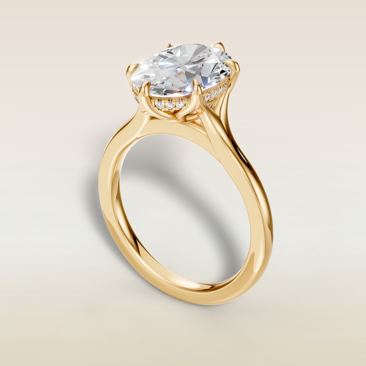 Oval Six Petal Tulip Hidden Halo Split Shank engagement ring in yellow gold, back angle