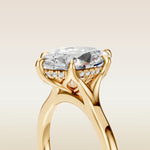 Oval Six Petal Tulip Hidden Halo Split Shank engagement ring in yellow gold, basket close up