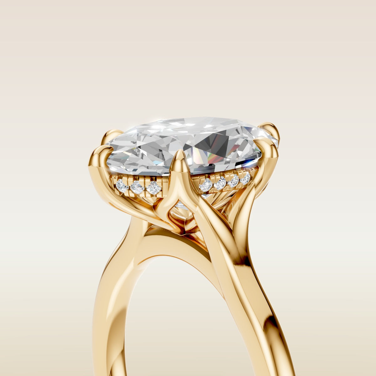 Oval Six Petal Tulip Hidden Halo Split Shank engagement ring in yellow gold, basket close up