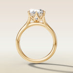 Oval Six Petal Tulip Hidden Halo Split Shank engagement ring in yellow gold, front view
