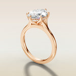Oval Six Petal Tulip Hidden Halo Split Shank engagement ring in rose gold, angled side view