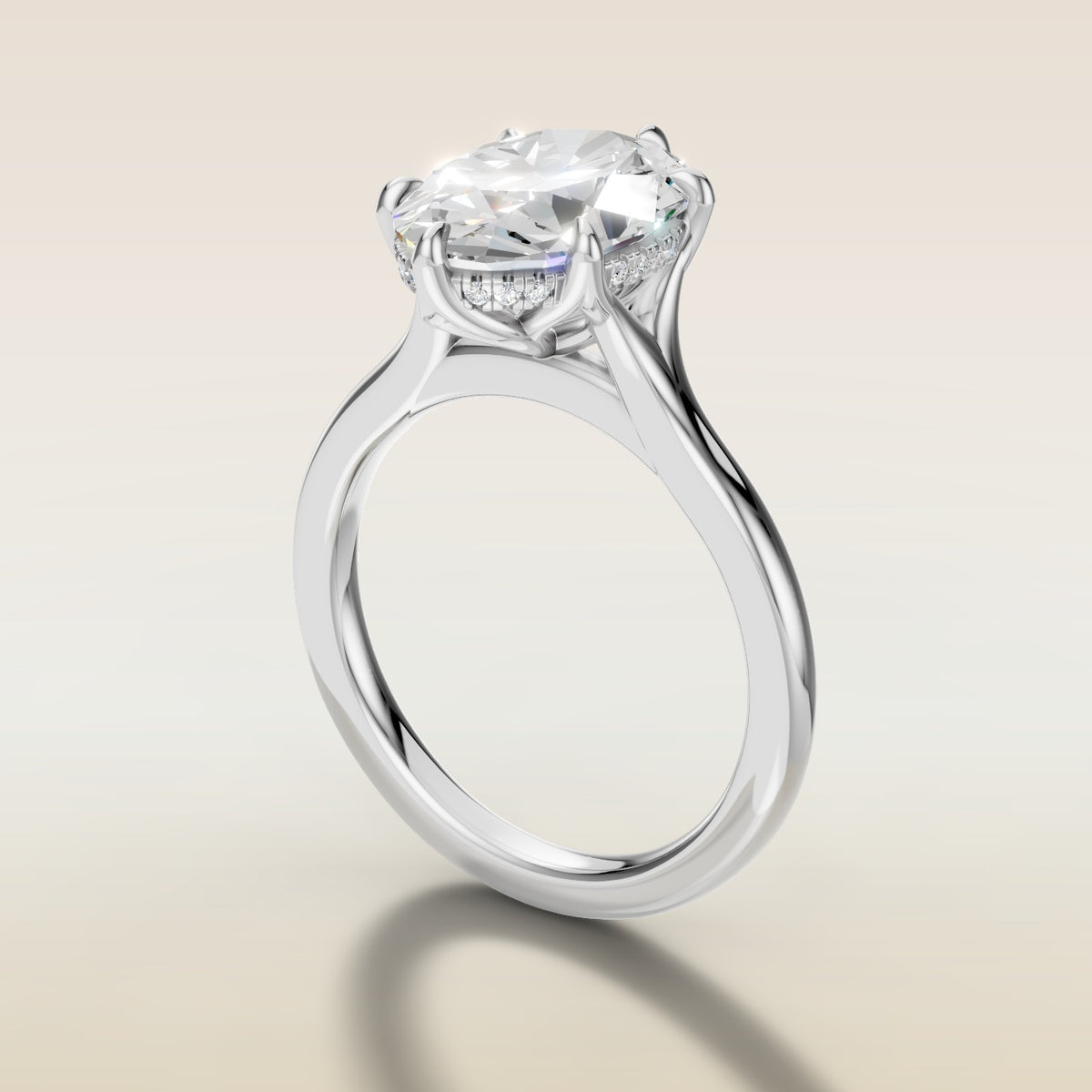 Oval Six Petal Tulip Hidden Halo Split Shank engagement ring in white gold, angled side view