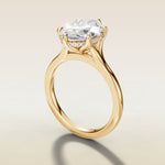 Oval Six Petal Tulip Hidden Halo Split Shank engagement ring in yellow gold, angled side view