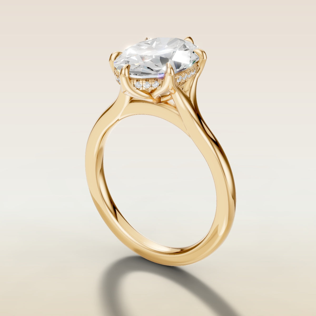 Oval Six Petal Tulip Hidden Halo Split Shank engagement ring in yellow gold, angled side view