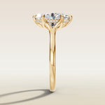 Oval Six Petal Tulip Hidden Halo Split Shank engagement ring in yellow gold, side profile