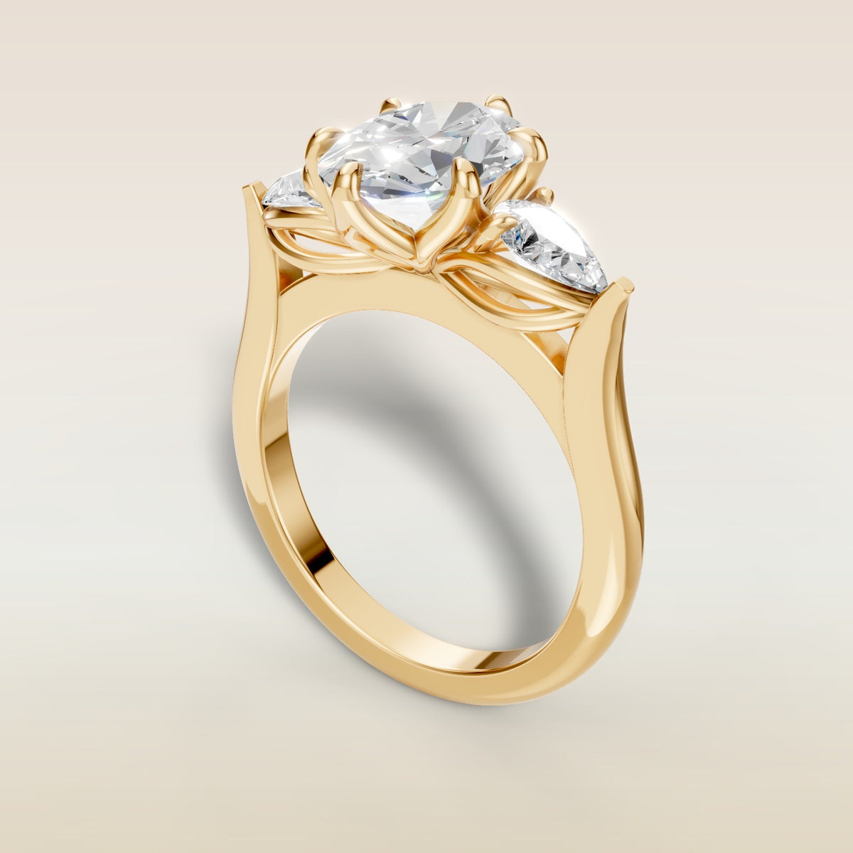 Oval Six Petal Tulip Three Stone engagement ring in yellow gold, back angle