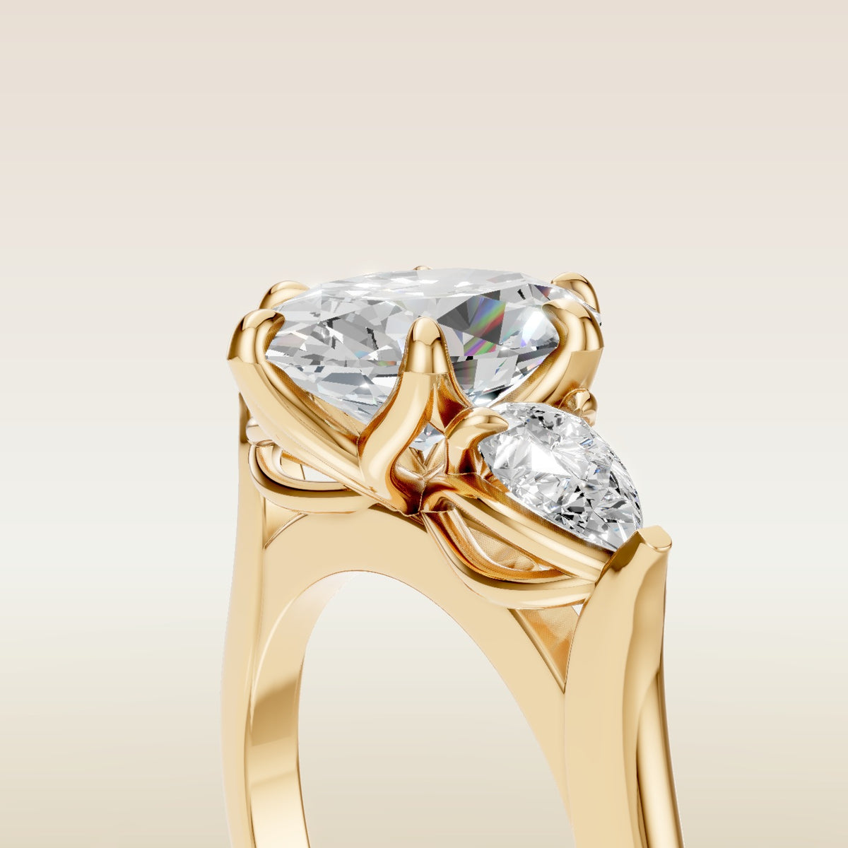 Oval Six Petal Tulip Three Stone engagement ring in yellow gold, basket close up