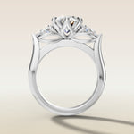 Oval Six Petal Tulip Three Stone engagement ring in white gold, front view