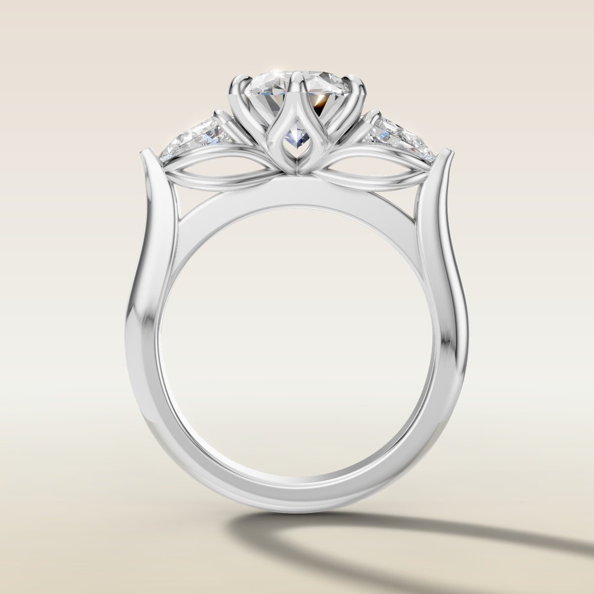 Oval Six Petal Tulip Three Stone engagement ring in white gold, front view