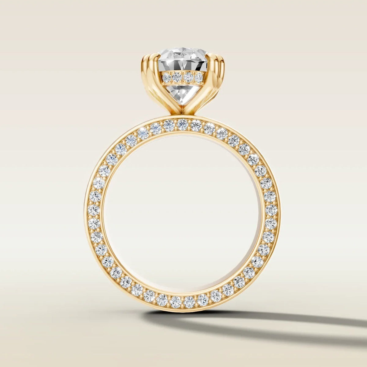 Oval Thick Band Hidden Pave engagement ring in yellow gold, front view